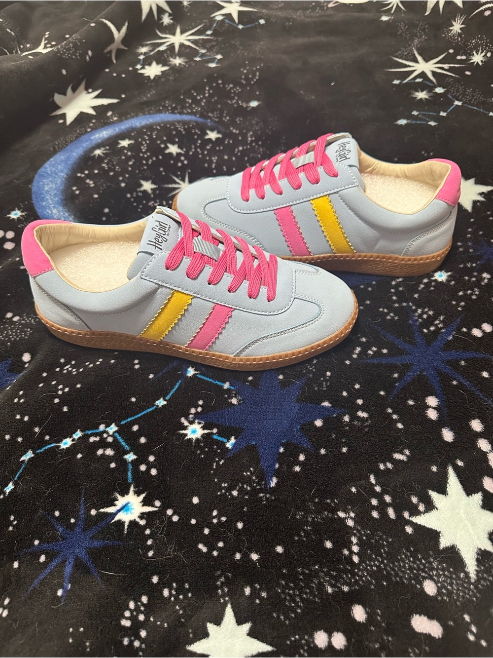 Hey Girl Size 8 New No Box Light Blue Sneakers with Pink & Yellow Stripes